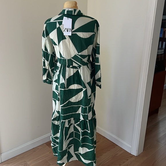 New! Zara small green combo geometric print front button ruffled hem dress. - Picture 6 of 14